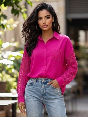 🌟W08. Stylish Chic Fuchsia Button-Up Shirt with Crochet Sleeves